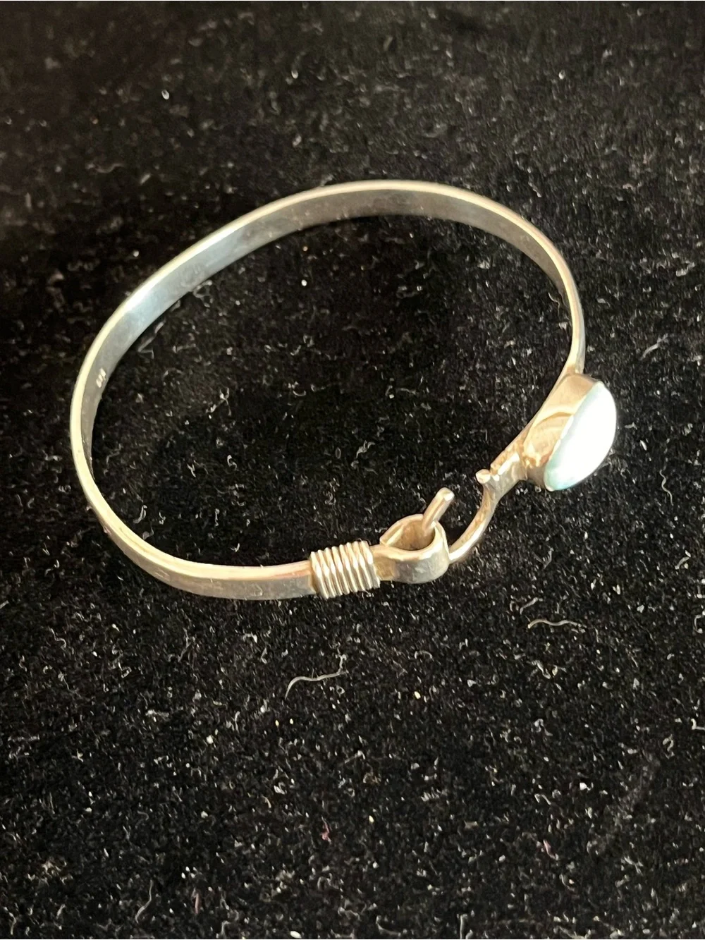 Vintage Sterling Silver Larimar Cabochon Hook Bangle Bracelet — 925